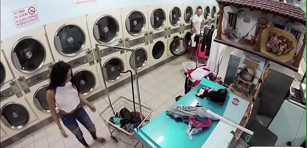  Brunette babe Annika Eve fucking a guy in the laundry shop